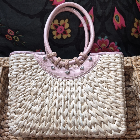 Vintage Brighton Leili Dusty Rose Pink Straw Leather Woven Handbag - Picture 2 of 13